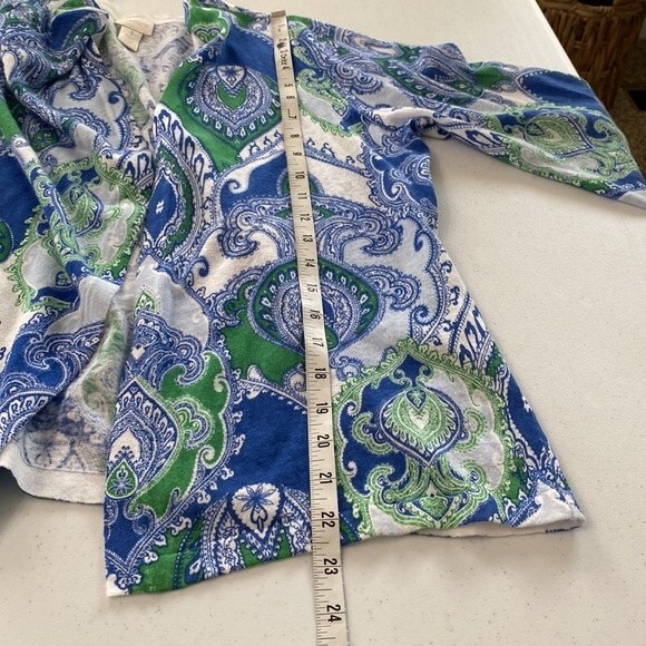 Chico's Cool Paisley Linen Cotton Open Front Cardigan Drape Flare 3/4 Sleeve - Picture 11 of 13